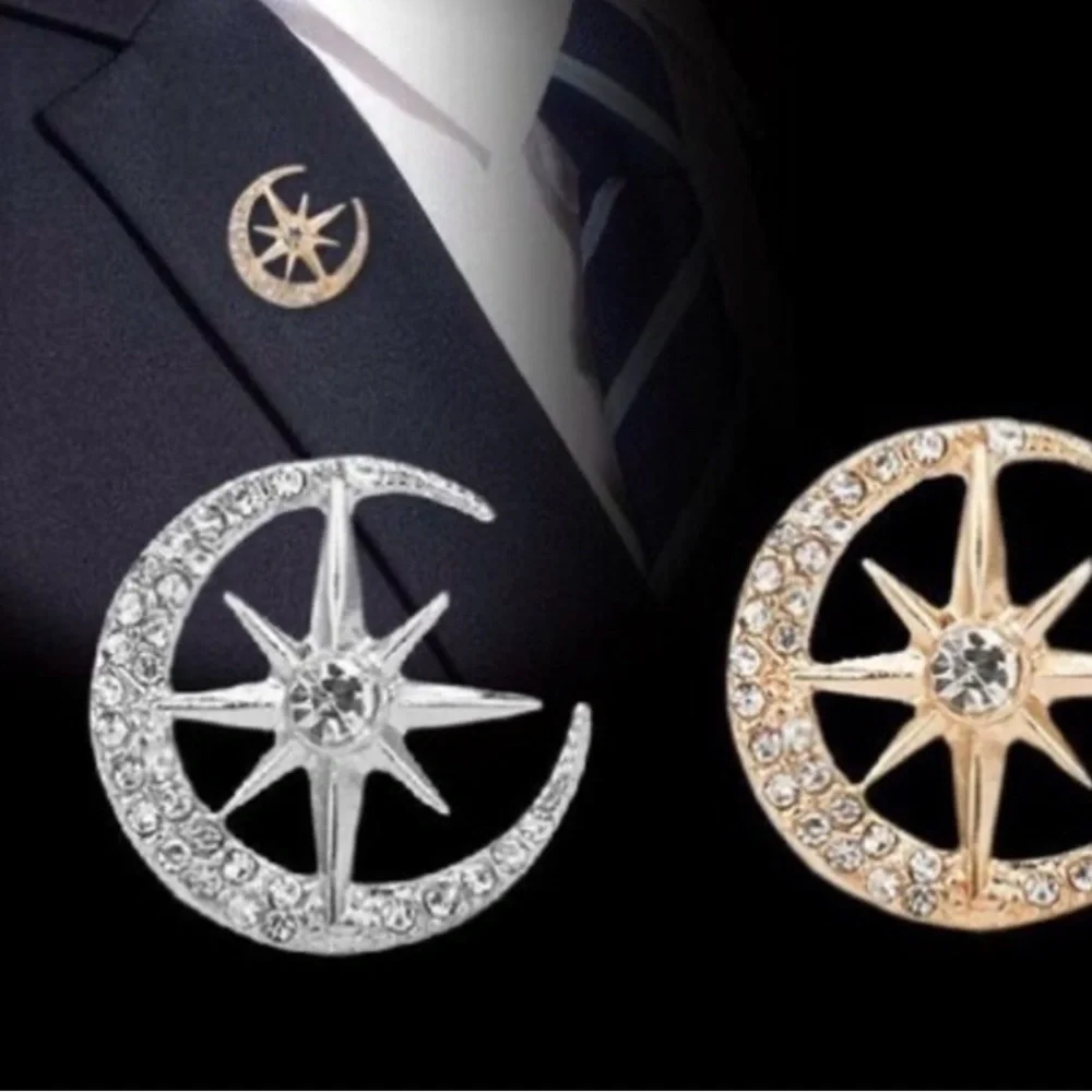 Silver Star and Moon Crystal Brooch for men